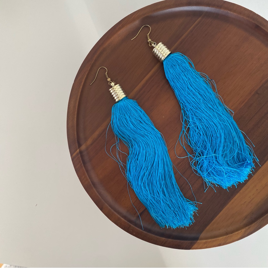 4/$15 Vibrant Blue Gold Long Tassel Earrings